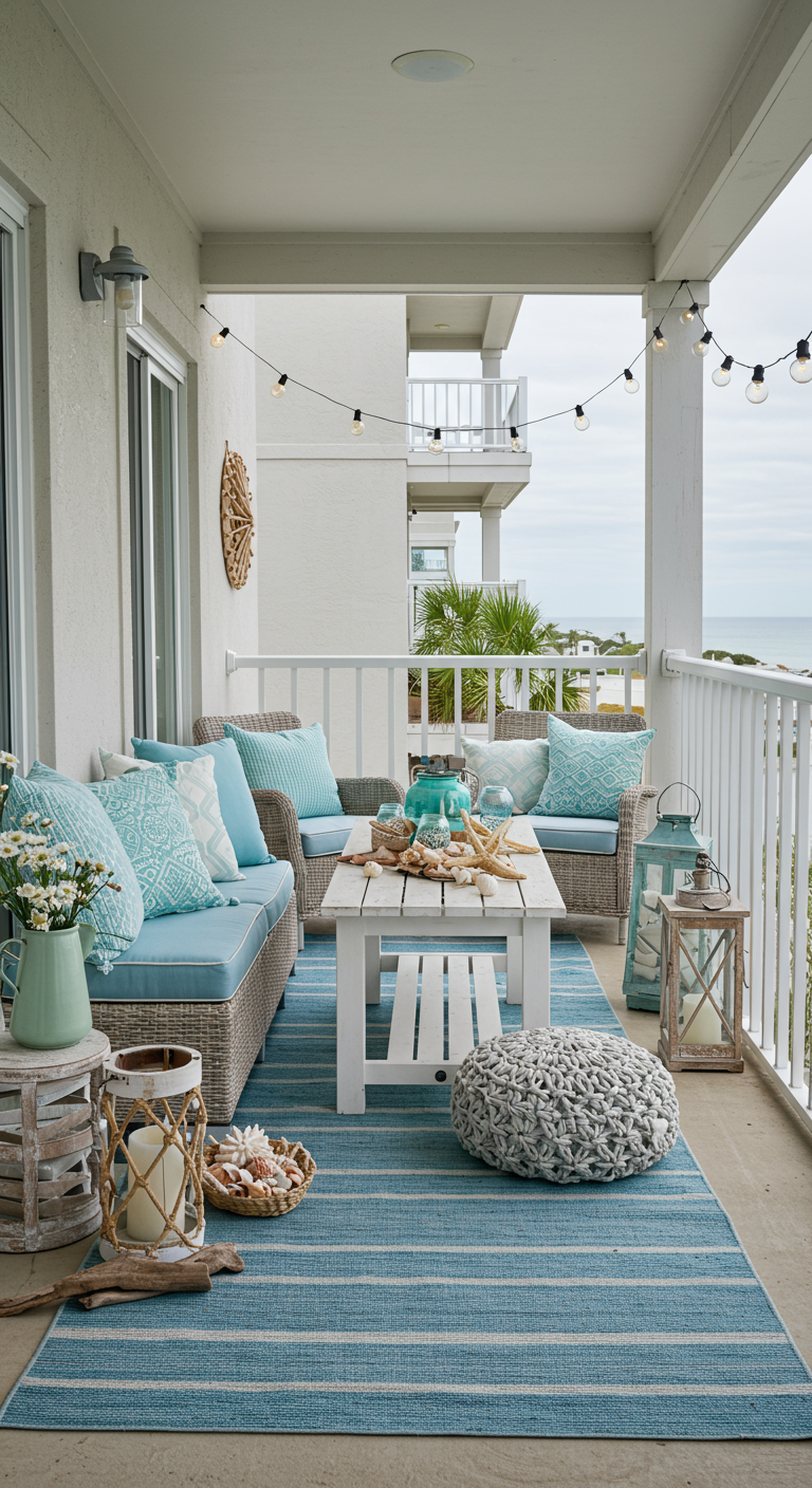 Balkon im Küstenstil mit hellen Möbeln, blauen Akzenten und Muscheldeko.