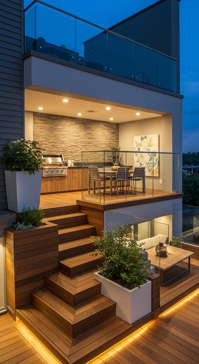 Moderne mehrstöckige Terrasse mit Holzstufen und integrierter Außenküche mit Grill.