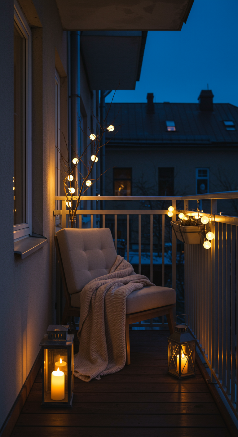 Kleiner Balkon mit Sessel, Decke, beleuchteten Zweigen und zwei Laternen bei Nacht.