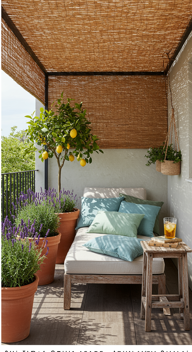 Balkon mit Bambusdach, Holzliege, Lavendel und Zitronenbaum.