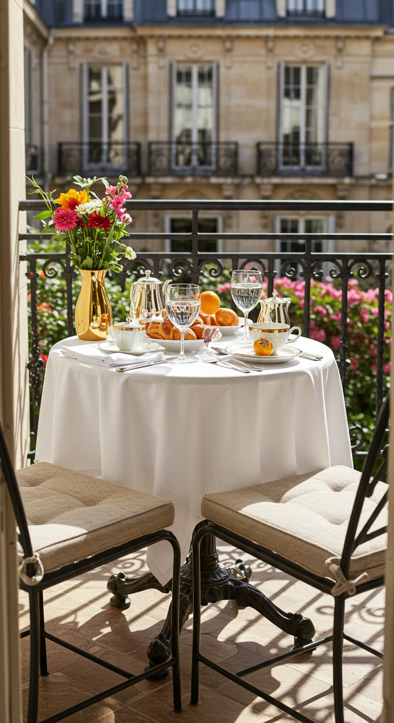 Französischer Balkon mit gedecktem Bistrotisch, weißer Tischdecke und goldener Vase mit bunten Blumen.