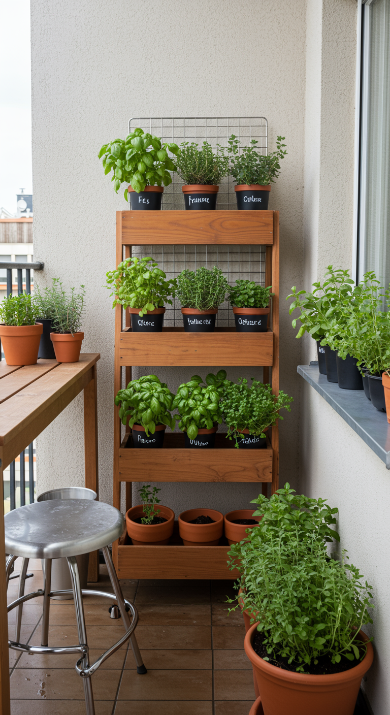Holzregal auf Balkon mit Terrakotta-Kräutertöpfen, die mit Tafelfarbe beschriftet sind.