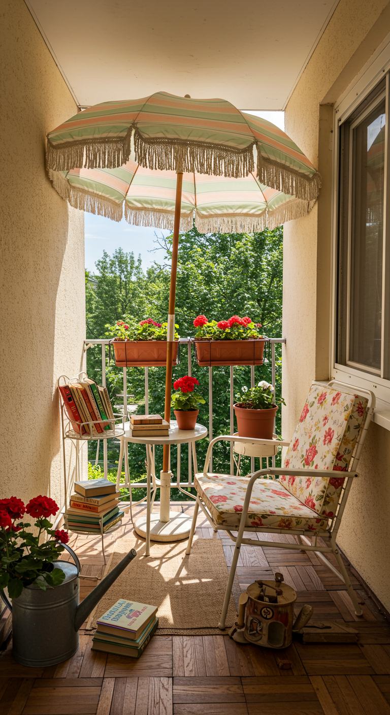 Retro-Balkon mit Metallmöbeln, geblümten Auflagen, gestreiftem Sonnenschirm und Geranien.
