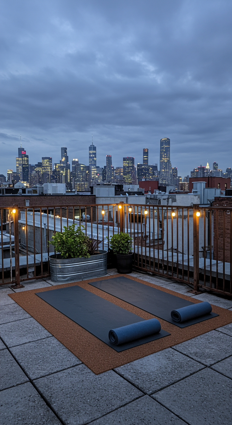 Dachterrasse mit zwei Yogamatten und Blick auf die Skyline einer Großstadt.