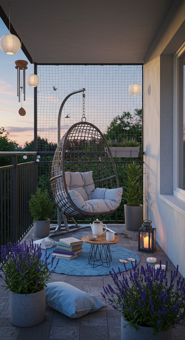 Balkon mit Hängesessel, Lavendelpflanzen, Windspiel und Sicherheitsnetz am Geländer.
