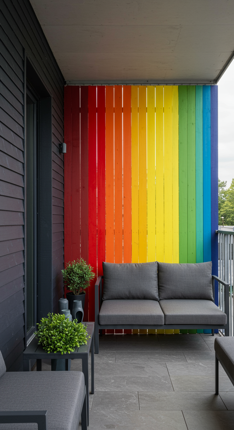 Balkon mit einem Sichtschutz aus Holzlatten, die vertikal in Regenbogenfarben gestrichen sind.