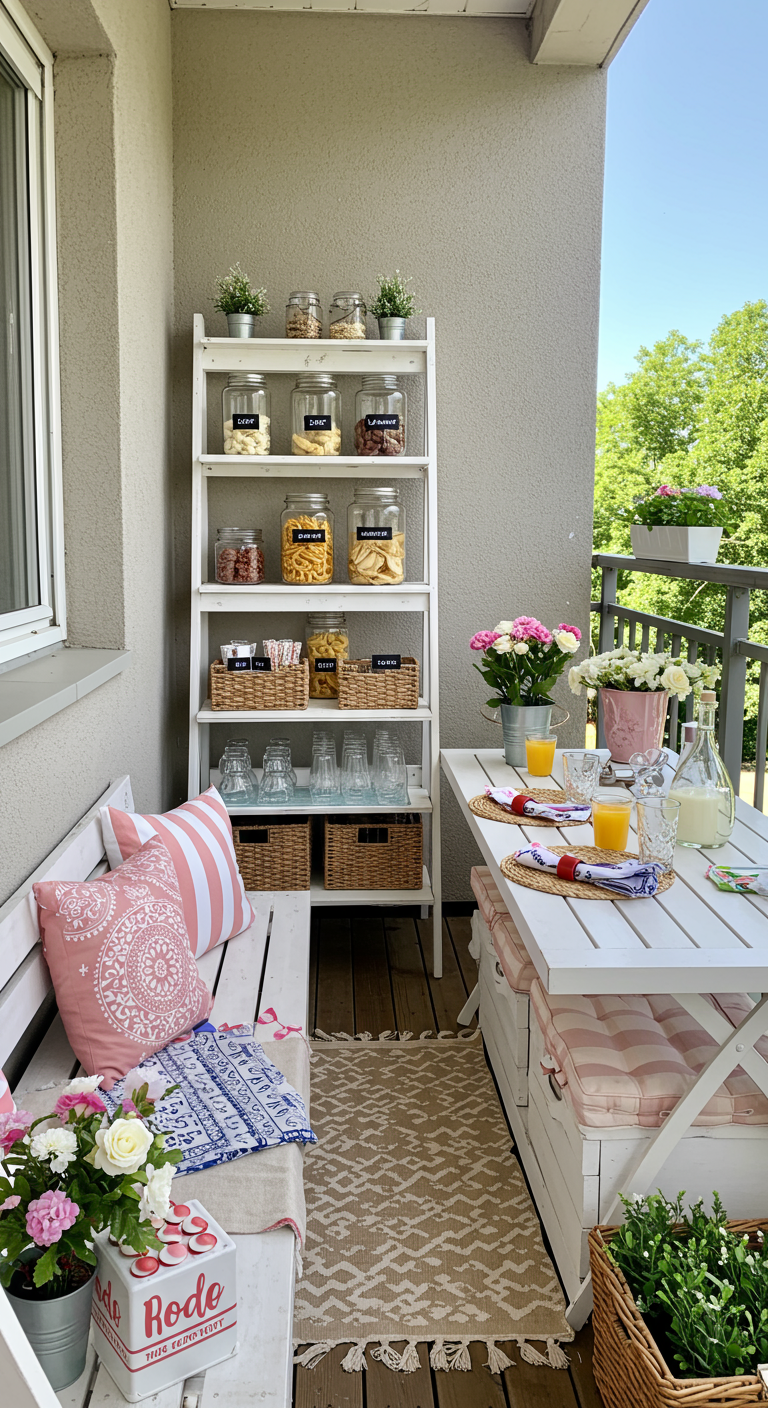 Weißes Leiterregal auf Balkon als Snack-Station mit Gläsern voller Süßigkeiten und Knabberzeug.