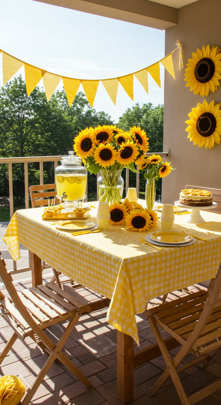 Sonnig gelb dekorierter Balkon-Partytisch mit Sonnenblumen, gelber Wimpelkette und karierter Tischdecke.