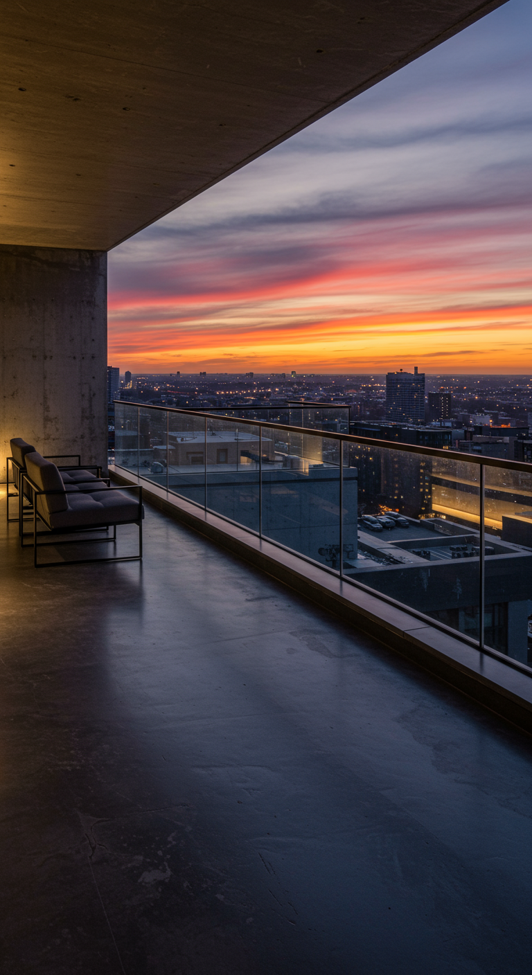 Großer, minimalistischer Balkon mit zwei dunklen Liegen und Blick auf Sonnenuntergang über Stadt.