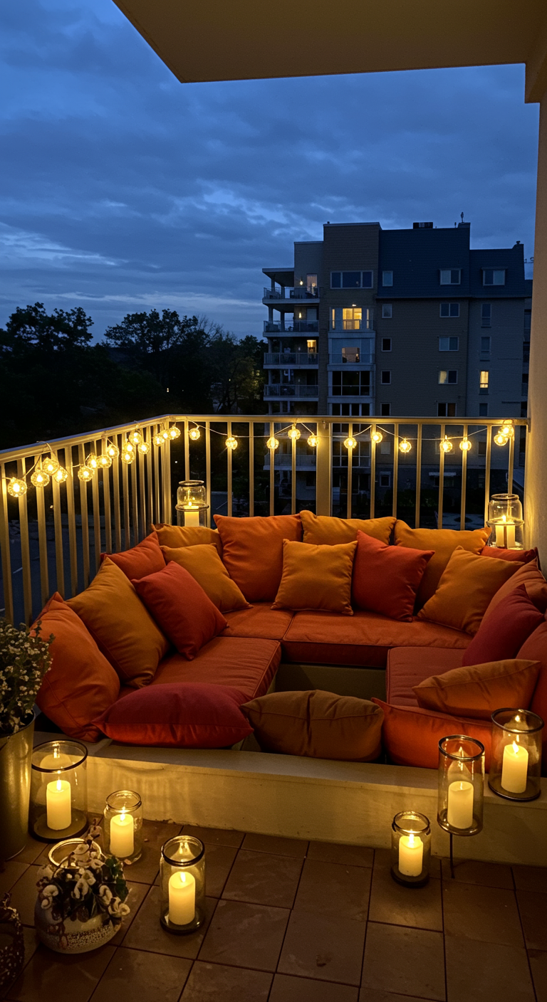 Balkon-Lounge in Orange- und Rottönen mit vielen Kissen und Kerzen bei Dämmerung.