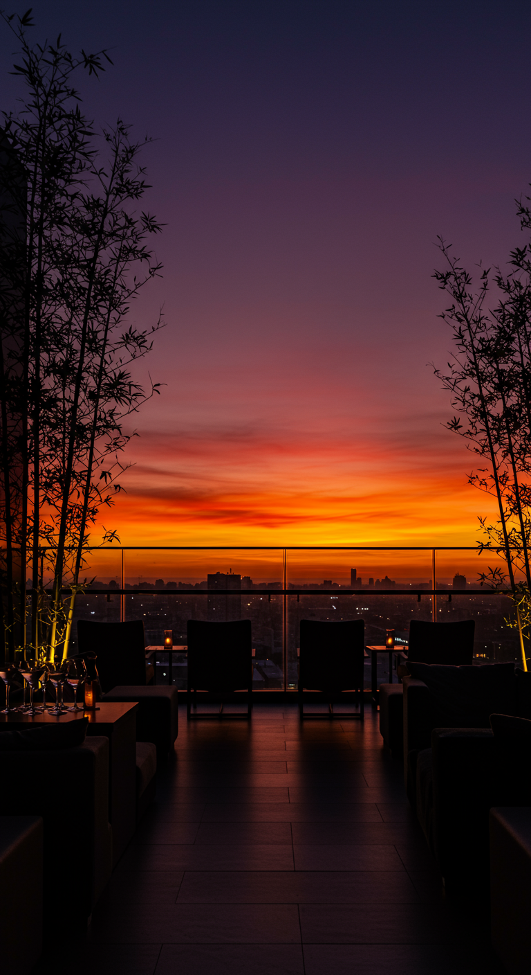 Dachterrasse mit dunklen Loungemöbeln und Bambuspflanzen vor einem spektakulären Sonnenuntergang.