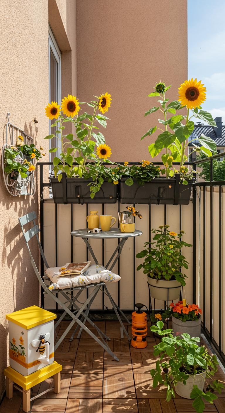 Sonniger Balkon mit Sonnenblumen, kleinem Tisch und einem Bienen-Insektenhotel.