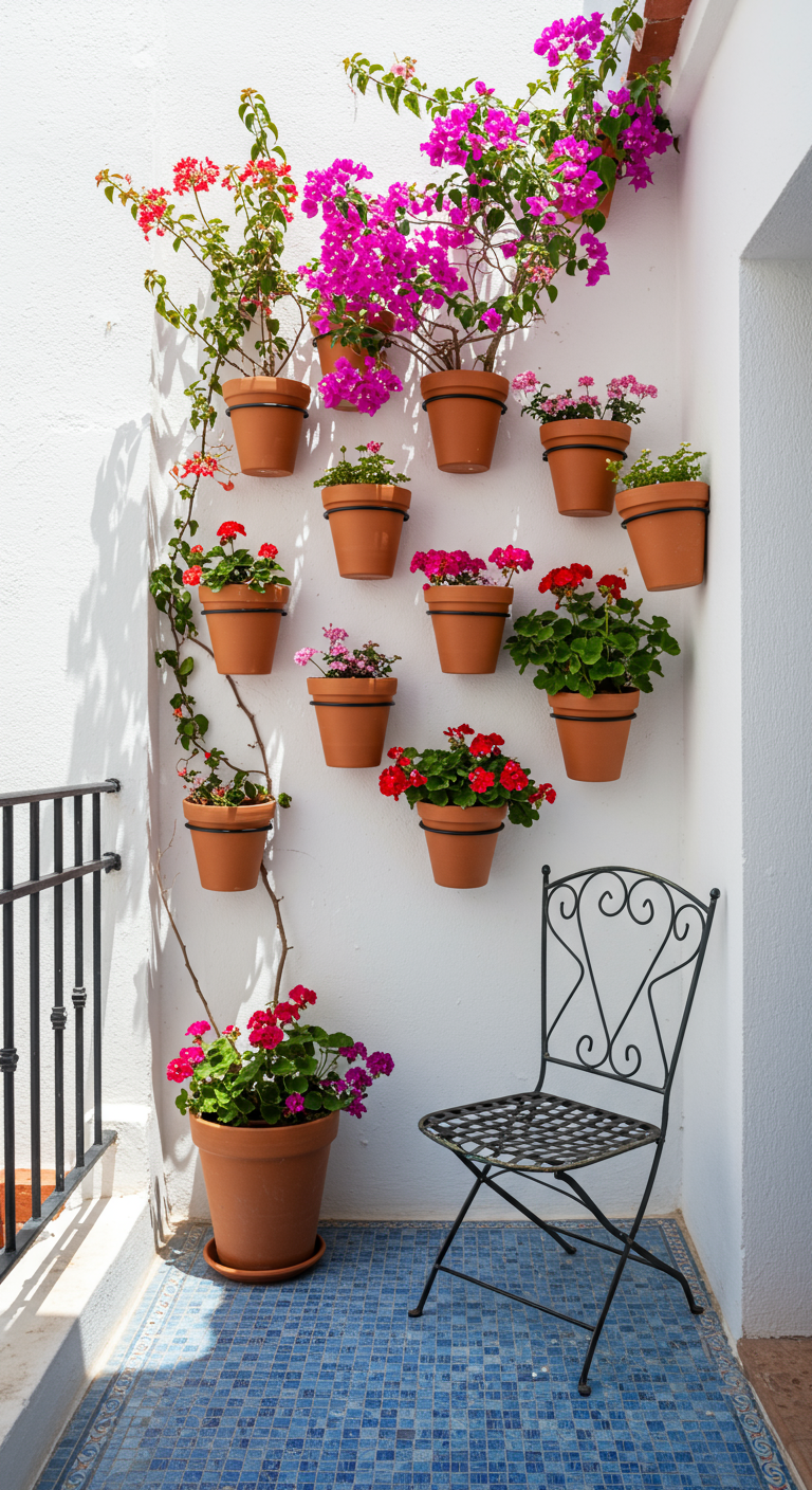 Weiße Wand mit Terrakotta-Töpfen, bepflanzt mit Bougainvillea und Geranien.