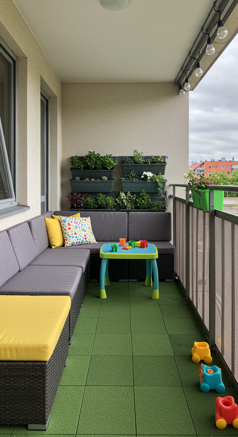 Kinderfreundlicher Eckbalkon mit Spielzeug, bunten Kissen und grünem Gummiboden.