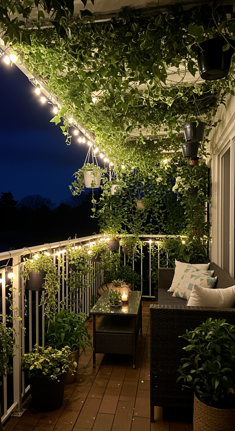 Gemütlicher Balkon bei Nacht, mit Efeu und Lichterketten überspannt.