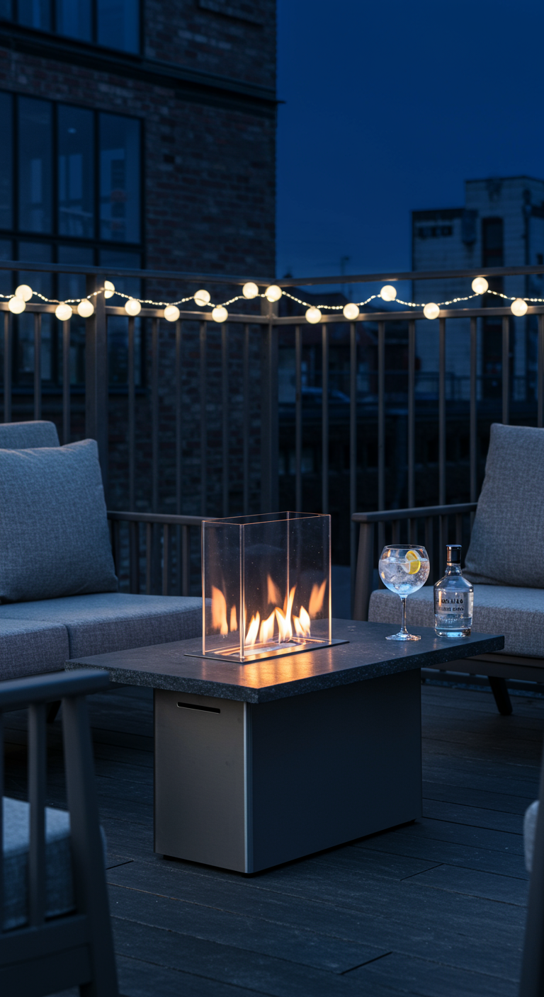 Moderner Balkon mit Tischkamin und Lichterkette bei Nacht.
