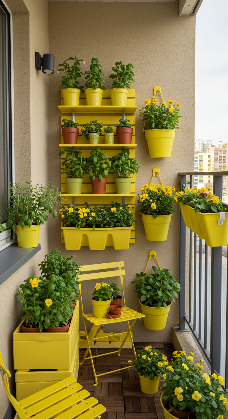 Vertikaler Garten an einer Balkonwand mit gelben Regalen und Pflanztöpfen.