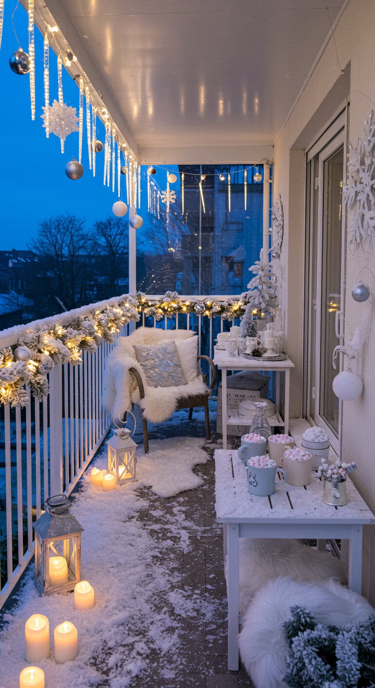 Winterlich dekorierter Balkon mit Kunstschnee, Lichterketten, weißen Fellen und silbernen Akzenten.