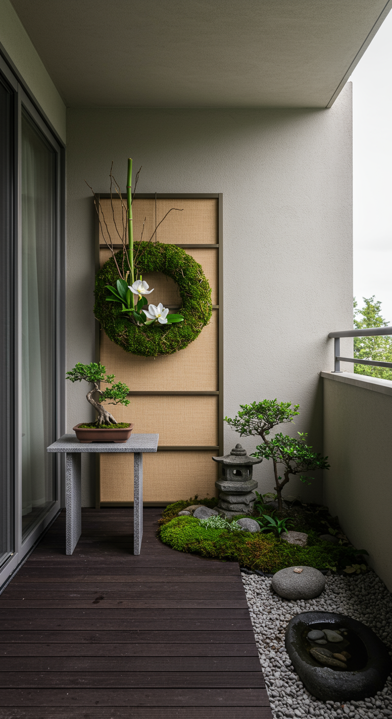 Japanisch gestalteter Balkon mit Mooskranz, Bonsai und Steinlaterne.