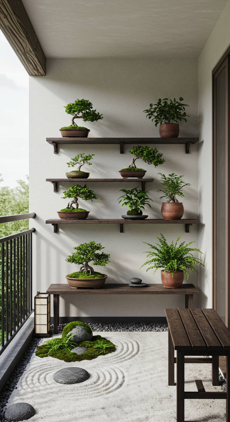 Japandi-Balkon mit schwebenden Holzregalen für Bonsais und Mini-Zen-Garten.