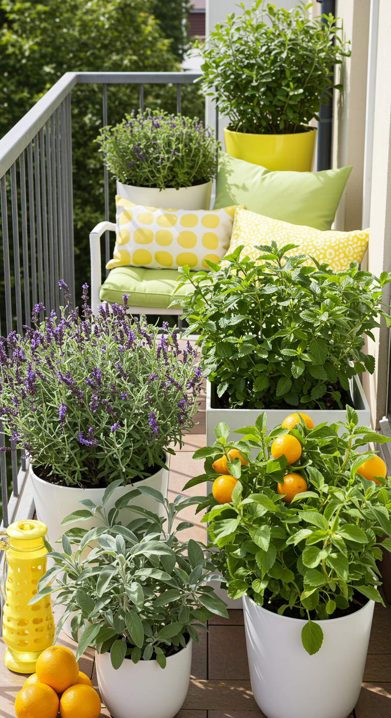 Sonniger Balkon mit Lavendel, Salbei, Minze und einem Zitronenbäumchen in hellen Töpfen.