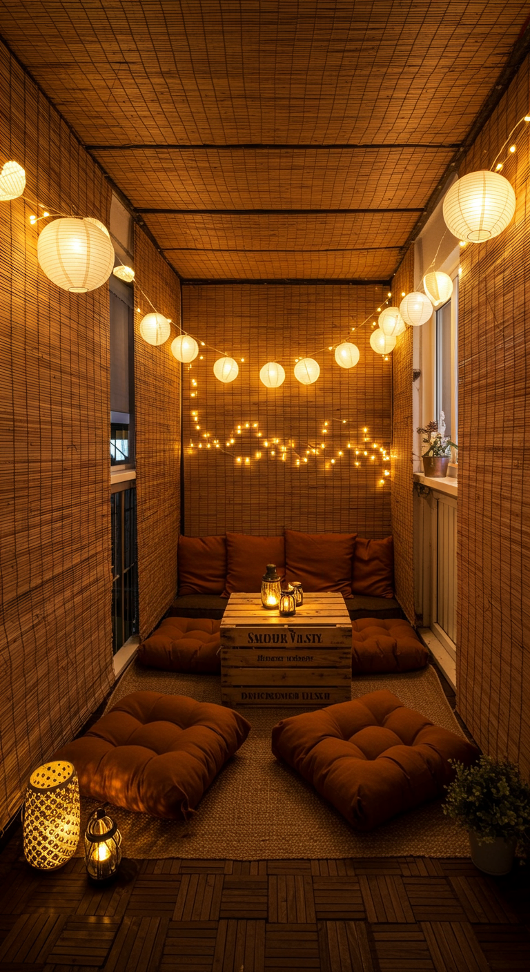 Kleiner, mit Bambusmatten verkleideter Balkon mit Bodenkissen und Lichterketten.