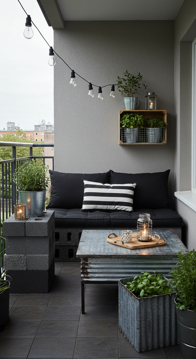 DIY-Balkonsofa aus Betonsteinen mit schwarzen Kissen und Metalltisch.