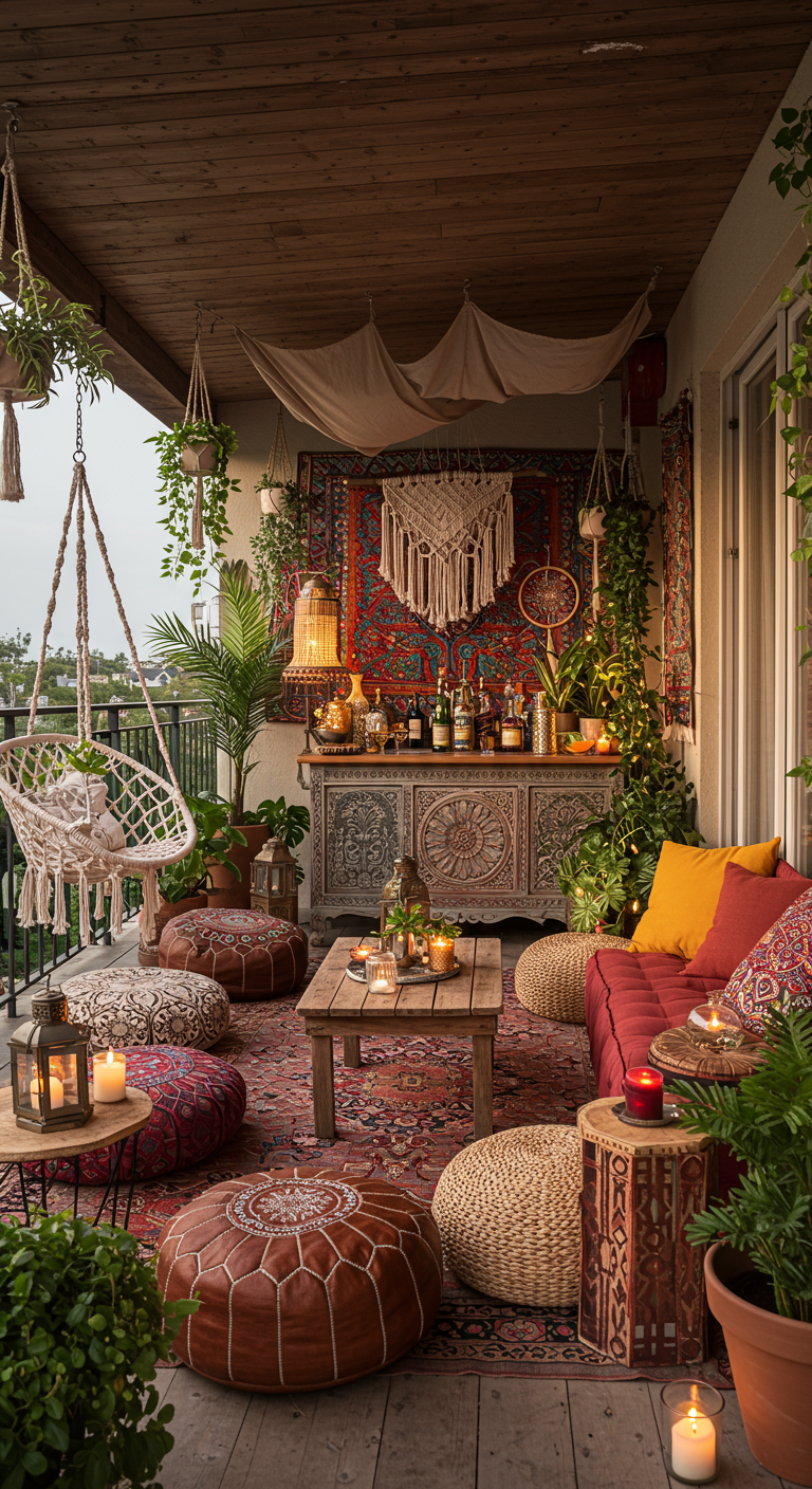 Boho-Balkon mit vielen Teppichen, Kissen, Makramee, Hängesessel und einer Vintage-Kommode als Bar.