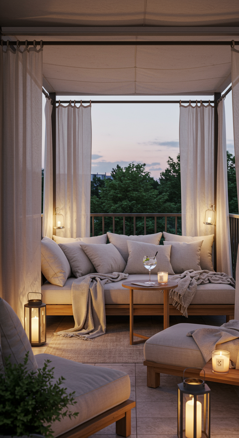 Gemütliches Outdoor-Daybed mit Baldachin, Kissen und Laternen.