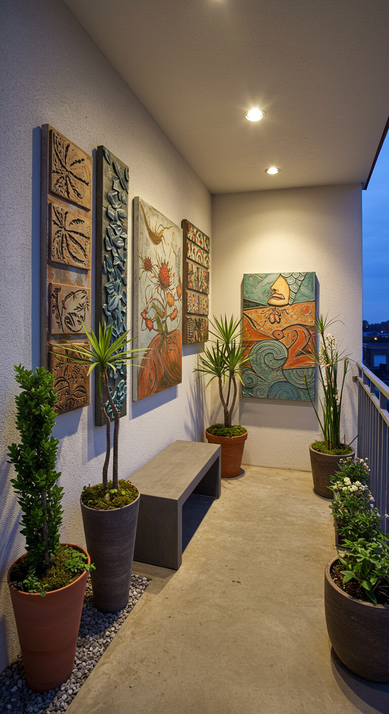 Eckbalkon als Kunstgalerie mit Wandkunst, Betonbank und Topfpflanzen bei Abendlicht.