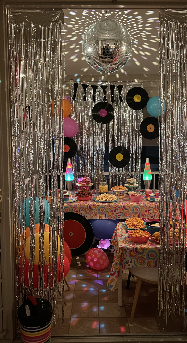Balkon im Disco-Stil mit Discokugel, Lametta-Vorhängen, Schallplatten und bunten Lichtern.