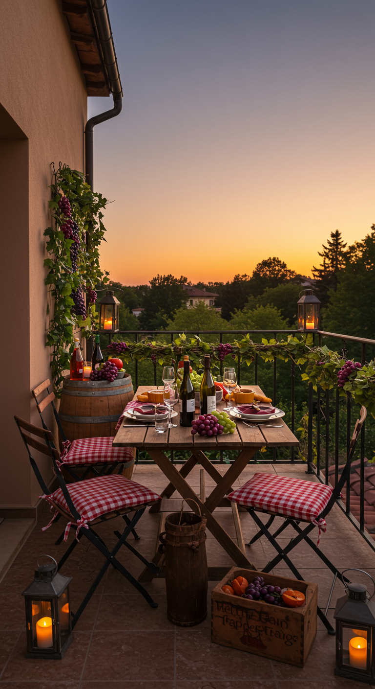 Balkon im italienischen Stil mit Weintrauben, Terrakotta, karierter Tischdecke und Laternen bei Sonnenuntergang.