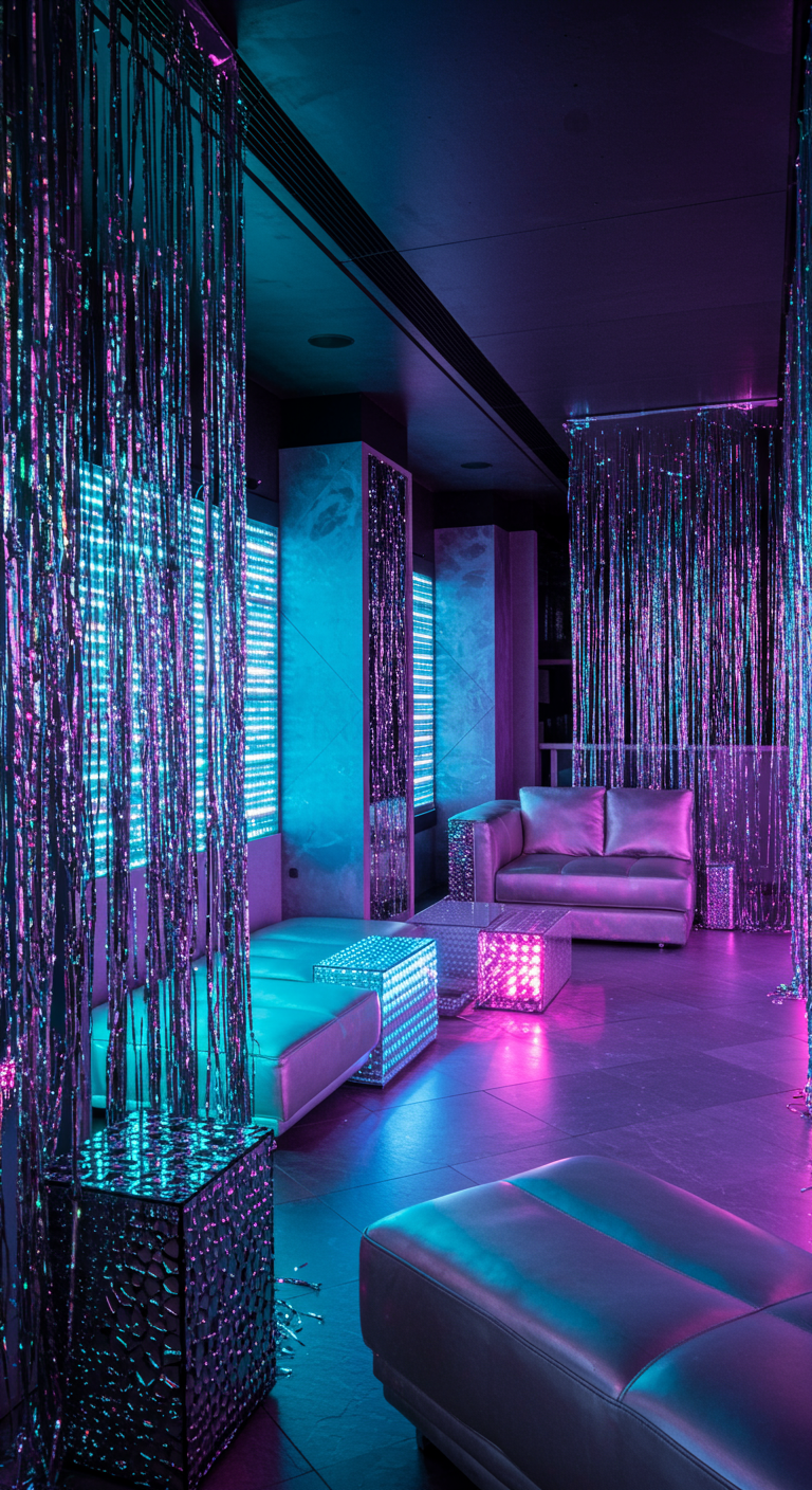 Balkon im futuristischen Club-Stil mit Lametta-Vorhängen und Neonlicht.
