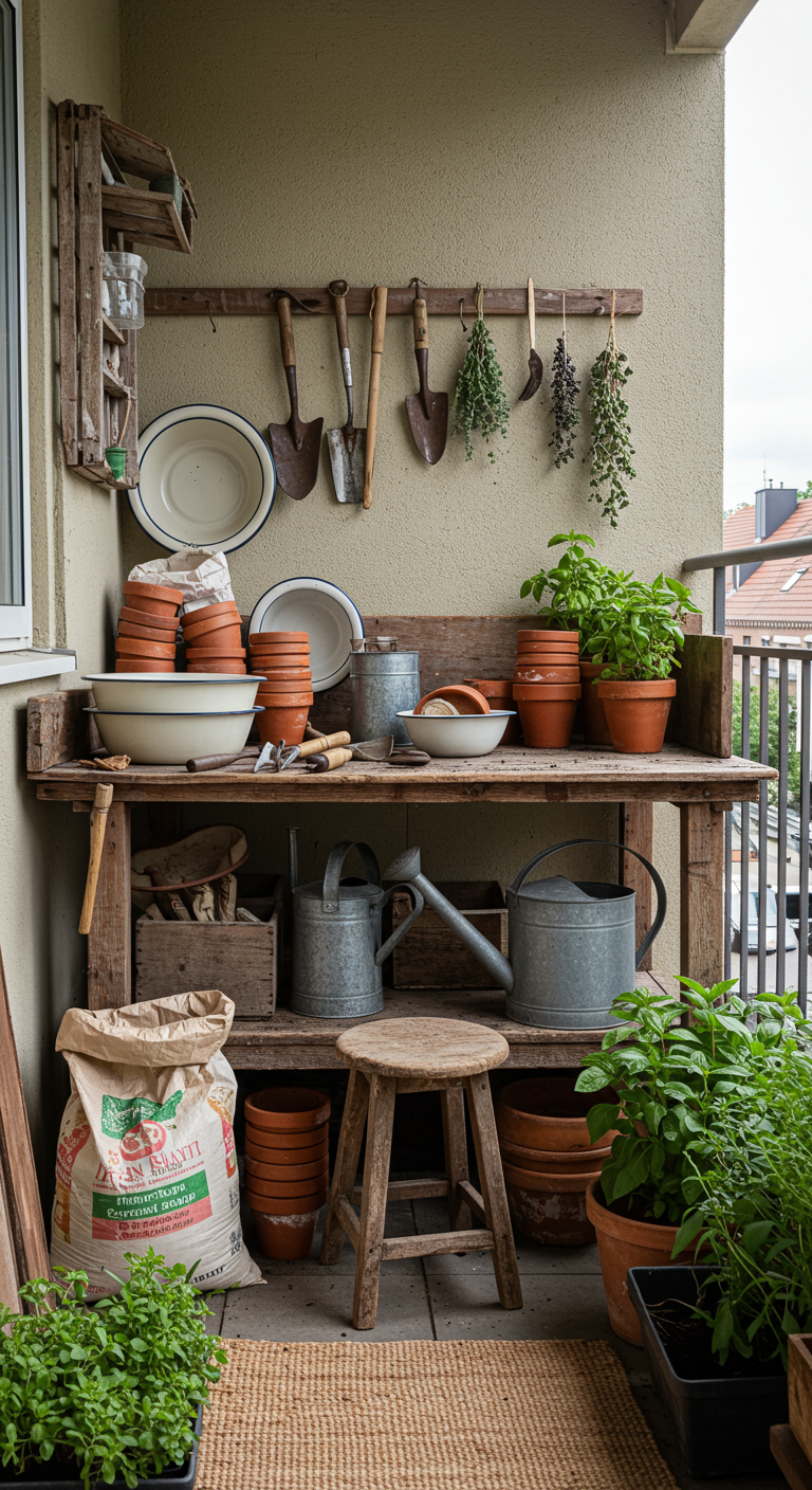 Vintage-Pflanztisch auf dem Balkon mit Werkzeug, Töpfen und Kräutern