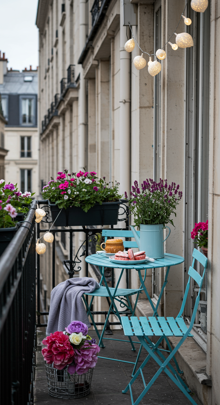 Türkisfarbenes Bistro-Set auf einem Balkon mit bunten Blumen, Lichterkette und einer Decke.