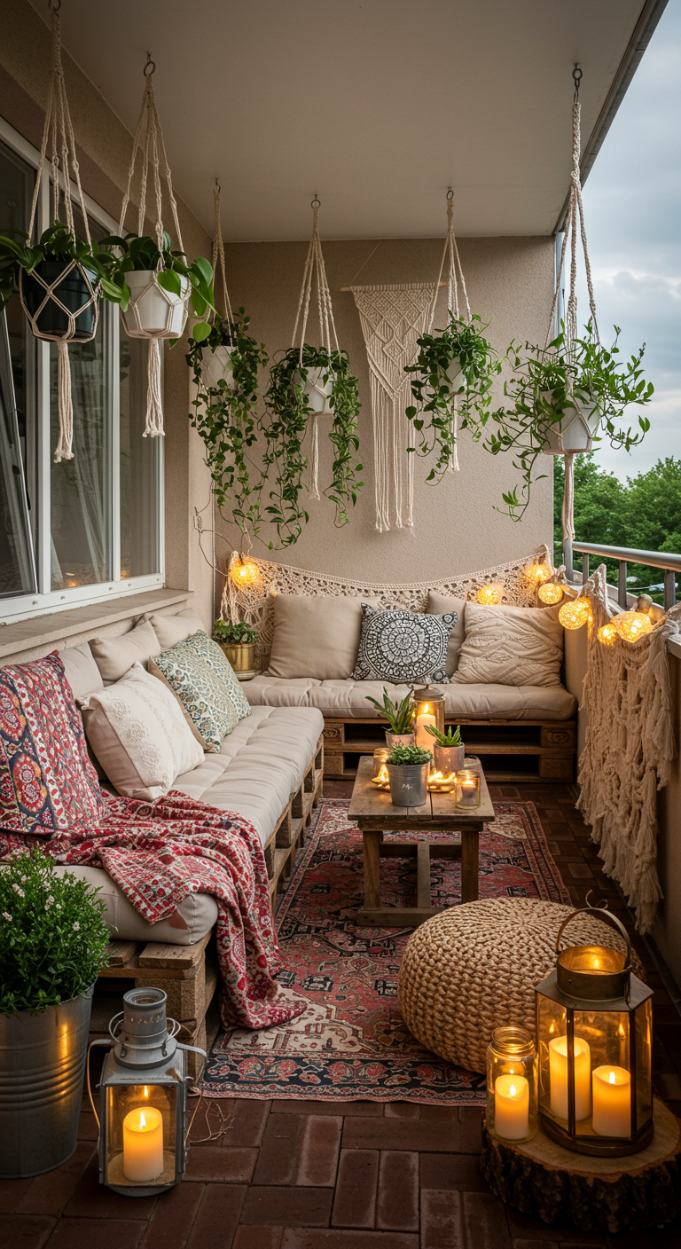 Gemütlicher Balkon mit Palettensofa, vielen Makramee-Hängepflanzen, Teppich und Kerzenlaternen.