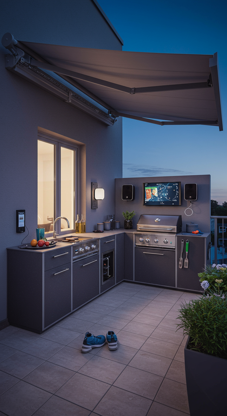 Moderne Balkon-Außenküche mit Grill, Spüle, TV und Markise bei Dämmerung.