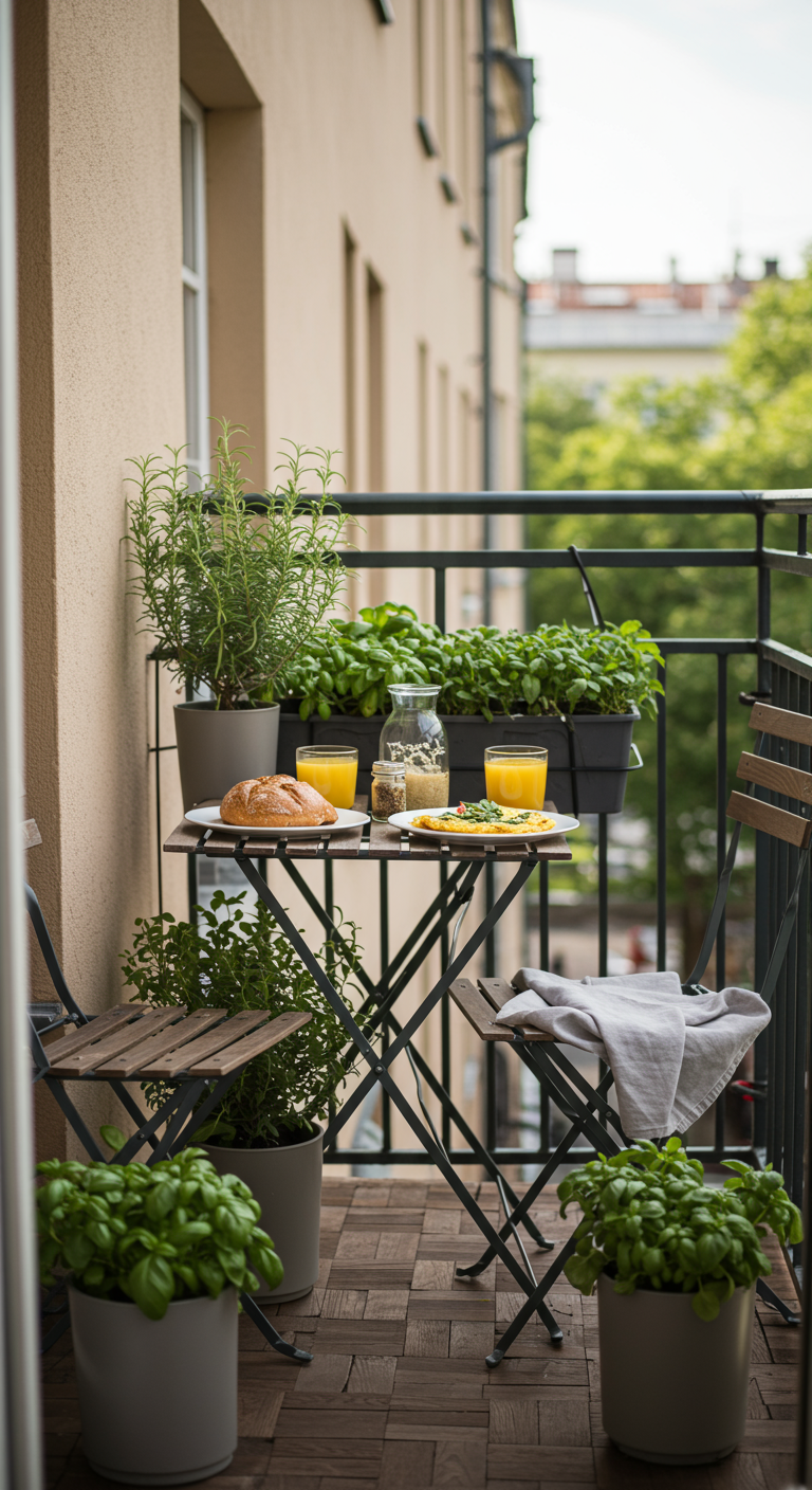 Frühstück auf einem Balkon umgeben von Kräutertöpfen wie Basilikum und Rosmarin.