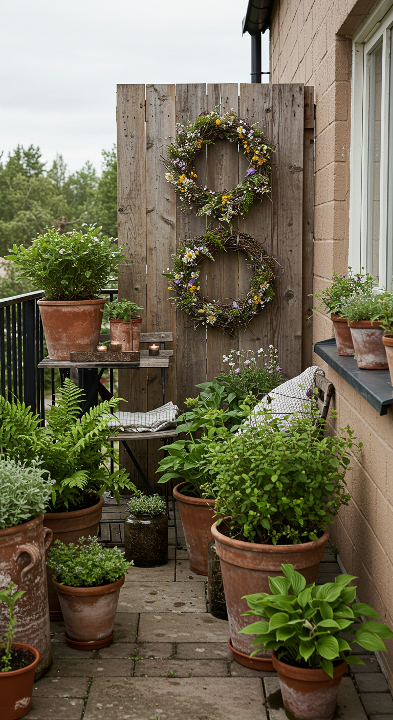 Rustikaler Balkon mit Terrakotta-Töpfen, Kräutern und Holzsichtschutz mit zwei Midsommar-Kränzen.