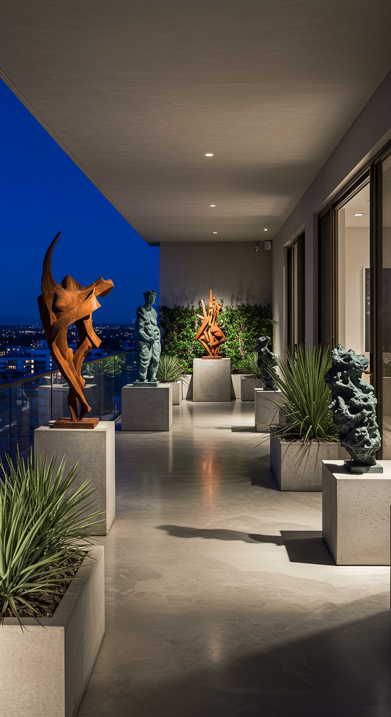 Moderner Balkon bei Nacht, gestaltet als Kunstgalerie mit Skulpturen und minimalistischer Bepflanzung.
