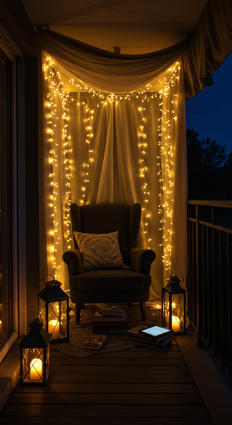 Stimmungsvolle Leseecke auf dem Balkon bei Nacht, mit Sessel umrahmt von Lichterketten-Vorhang.