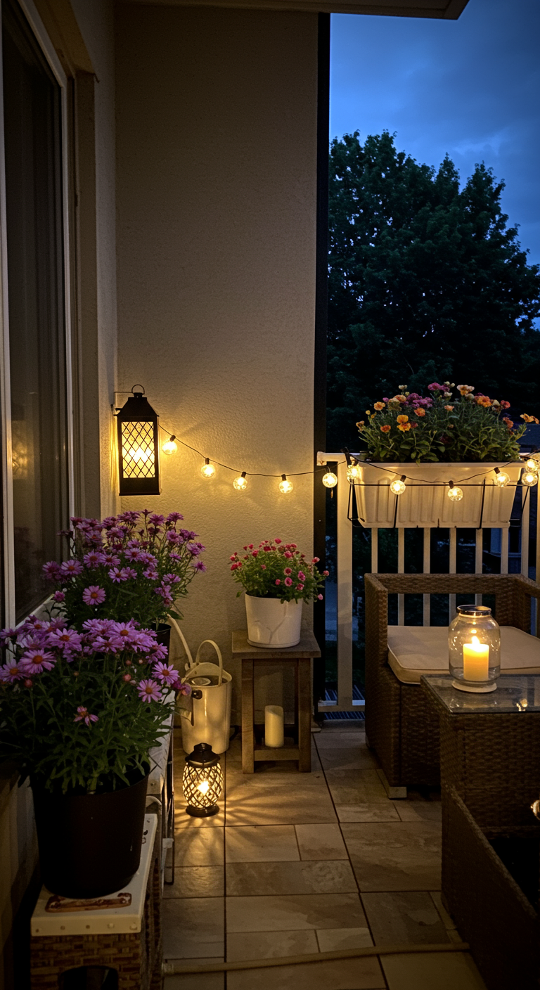 Balkon bei Nacht mit Lichterketten, Laternen und blühenden Pflanzen.