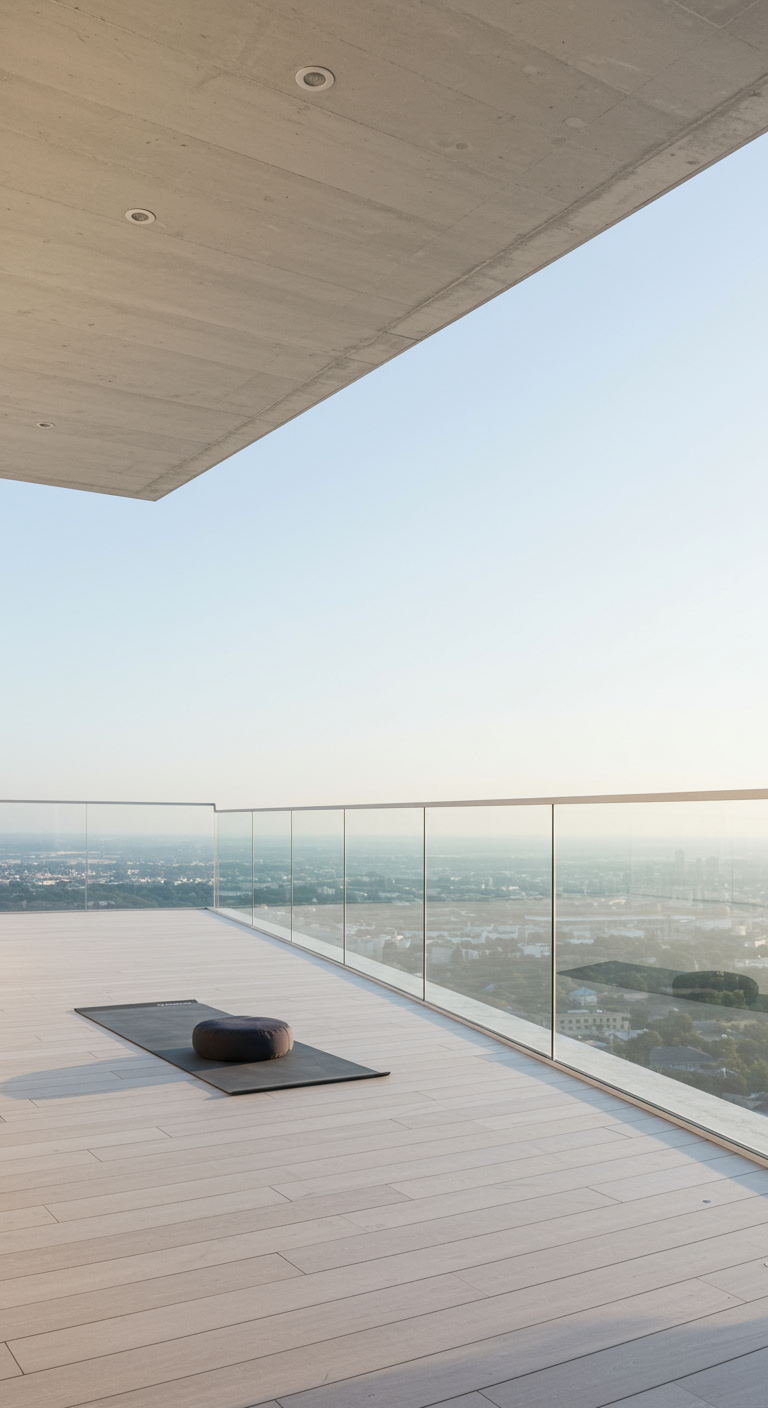 Minimalistischer Hochhaus-Balkon mit Yogamatte, Meditationskissen und weitem Ausblick.