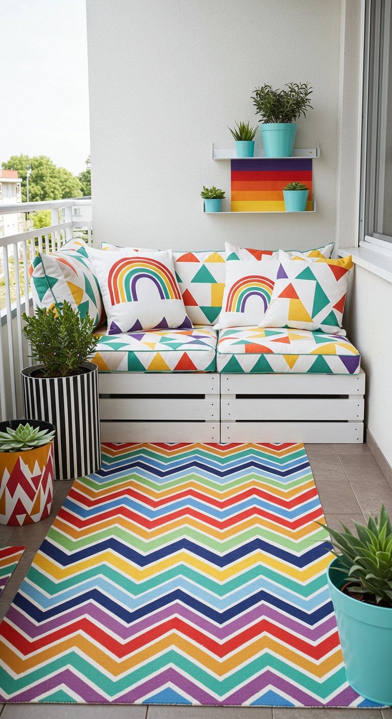 Balkon mit regenbogenfarbenem Zickzack-Teppich, Kissen mit Regenbogen- und Grafikmustern auf weißen Kistenmöbeln.