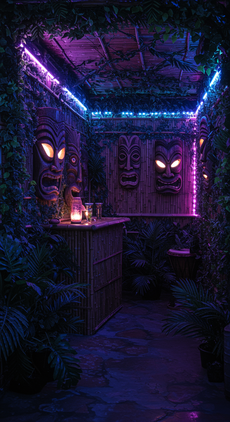 Düster beleuchteter Tiki-Balkon mit leuchtenden Masken und Bambuswänden.