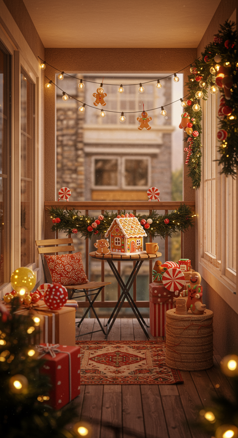 Balkon mit Lebkuchenhaus, Lebkuchenmännchen-Girlande und Geschenken dekoriert.