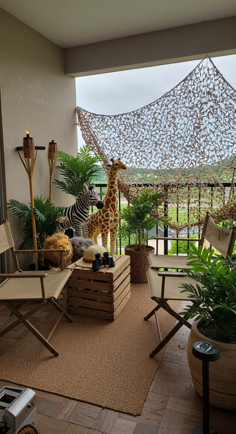 Balkon im Safari-Look mit Regiestühlen, Plüschtieren und Tarnnetz.