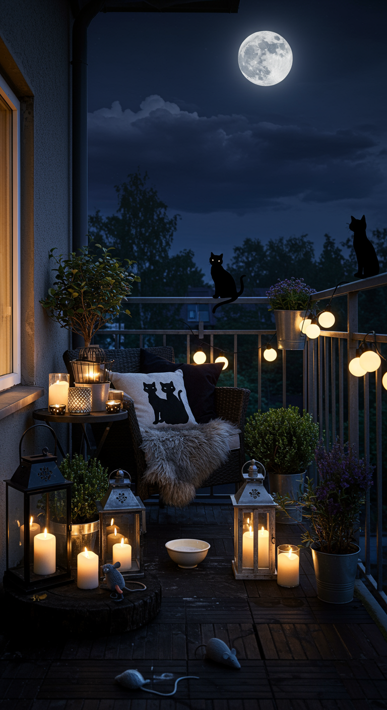 Balkon bei Nacht mit schwarzen Katzenfiguren, Laternen und einem großen Mond im Hintergrund.