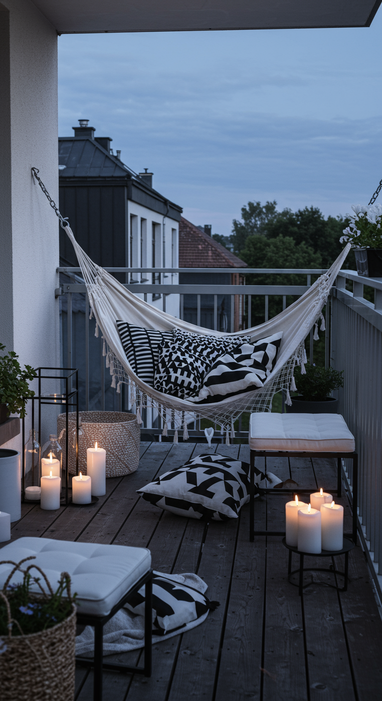 Balkon in Schwarz-Weiß-Optik mit heller Hängematte, gemusterten Kissen und Kerzen.