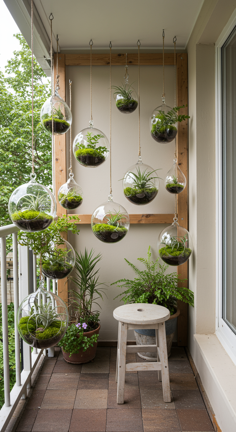 Hängende Glaskugeln mit kleinen Pflanzen (Terrarien) auf einem Balkon.
